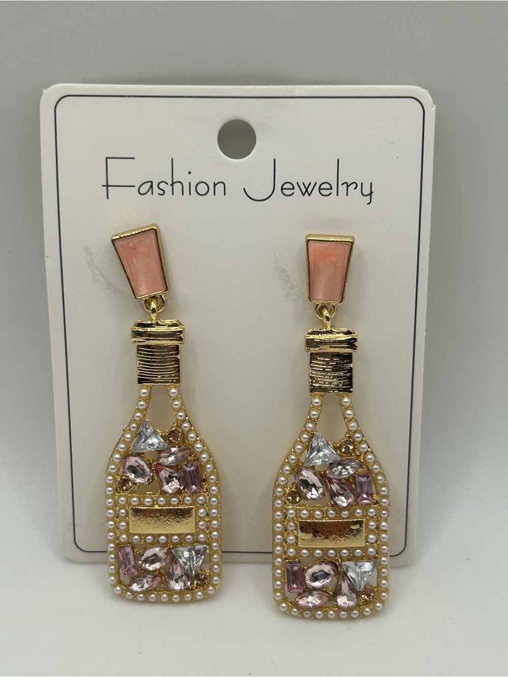 🆕 Fashion Jewelry Gold-Tone Pink Bottle Drop Earrings